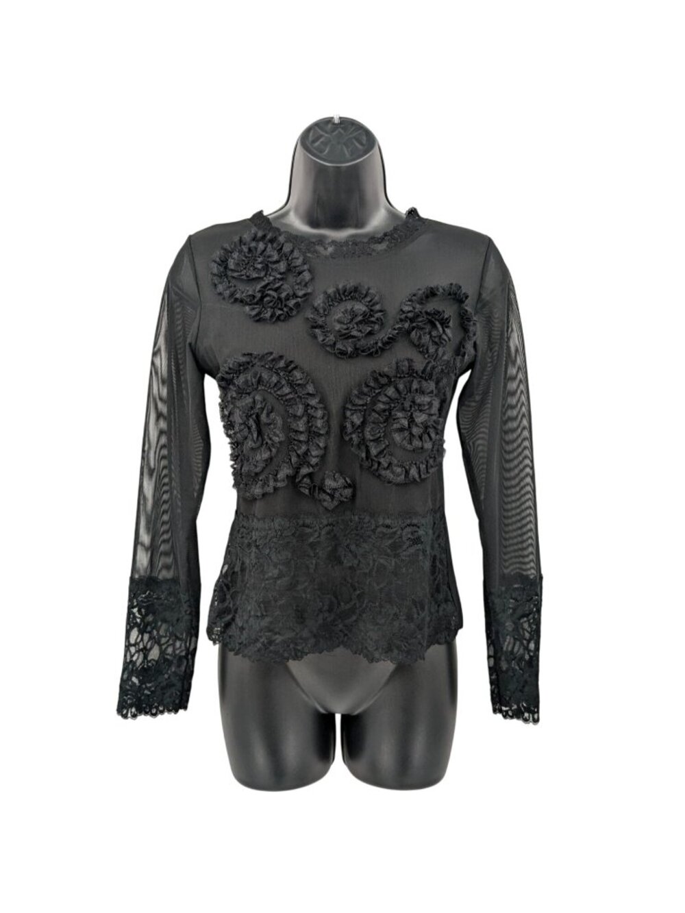 Black Lace Floral Mesh Ruffle Top Whimsigoth Victorian Long Sleeve Made France 3